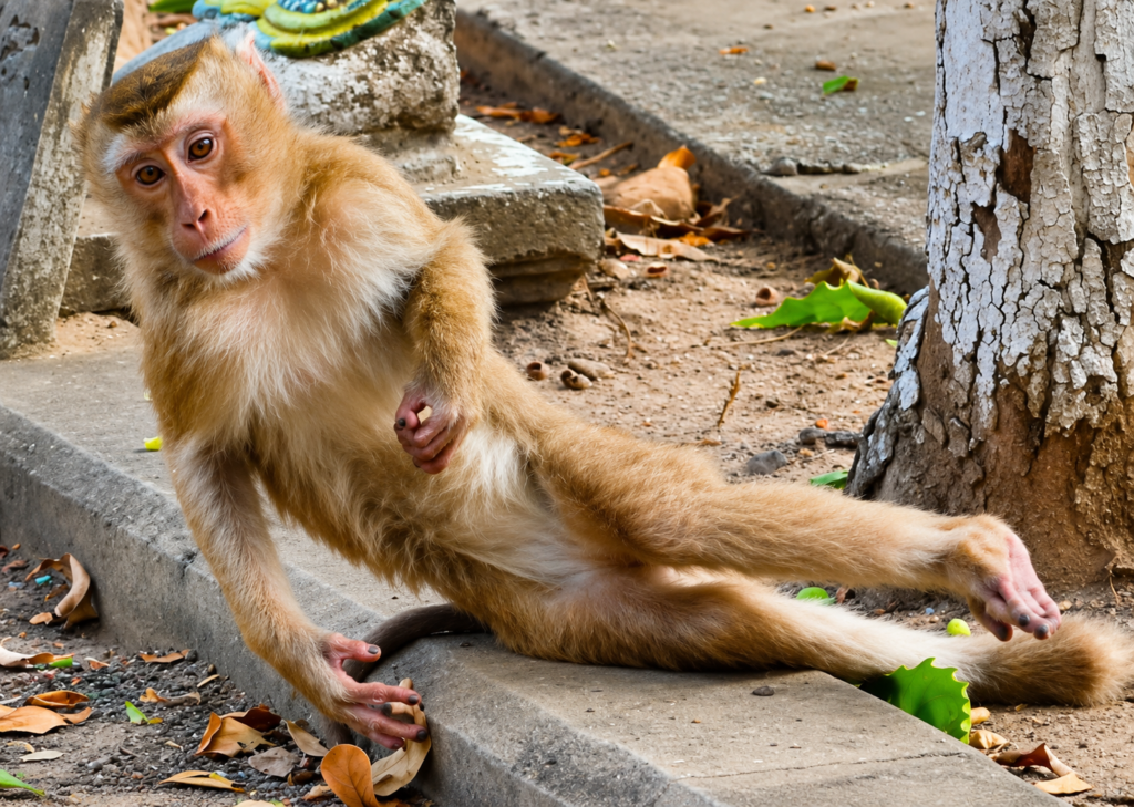 A young monkey named MOKA lies on the ground after an apparent electric shock. She slowly tries to stand despite looking weak and frightened, then searches for her mother, creating an emotional scene of determination and hope.