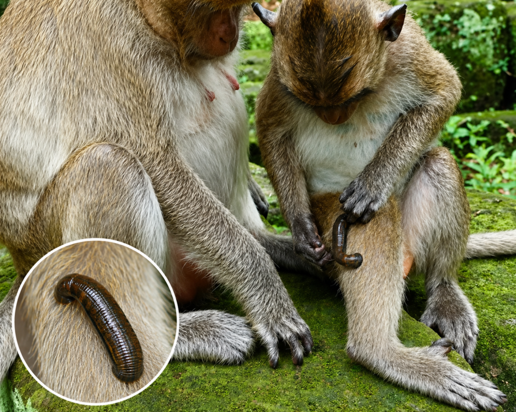 A small monkey in the wild with an unusually large leech attached to its body, highlighting a difficult moment of survival in nature.