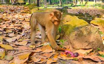 Baby monkey Lily and her brother Leo carefully visit a newborn monkey resting with its family. The young monkeys gently observe the tiny baby in a peaceful natural setting, creating a heartwarming wildlife family moment.