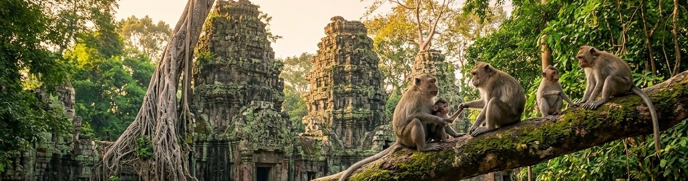 Ancient temple forest with a family of monkeys perched on a mossy branch, featuring text reading Every heart breath, Everyday with monkeys