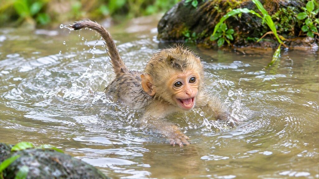 Baby Macaque Alfie Takes His First Fearless Swim in the Rain