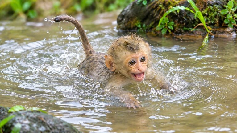Baby Macaque Alfie Takes His First Fearless Swim in the Rain