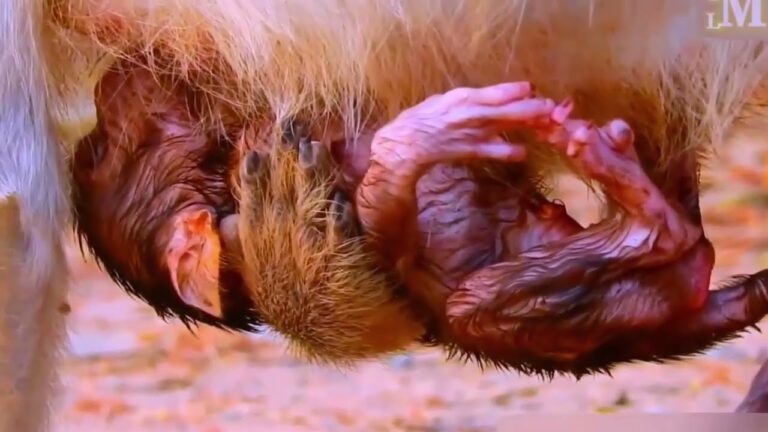 Newborn Macaque Clings to Mom Moments After Birth